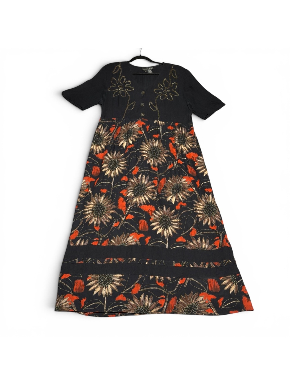 Vintage Carole Little Black Floral Embroidered Rayon Dress Made in USA Size 10